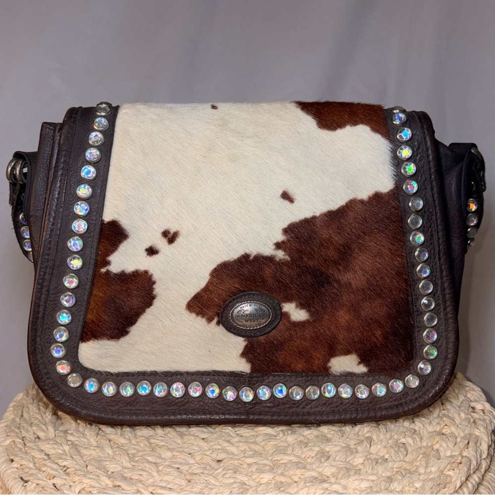 American West Cowhide Leather Shoulder Bag Western Boho Rhinestone Studded Purse